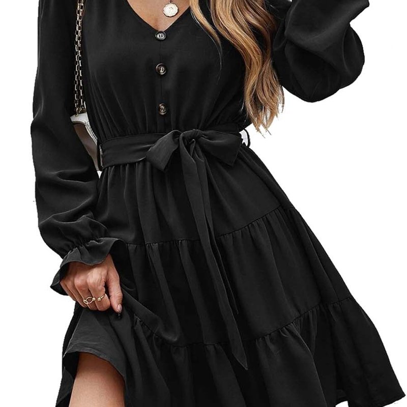 Anna-kaci Women's Ruffle Chiffon V-neck Long Sleeve Dress In Black