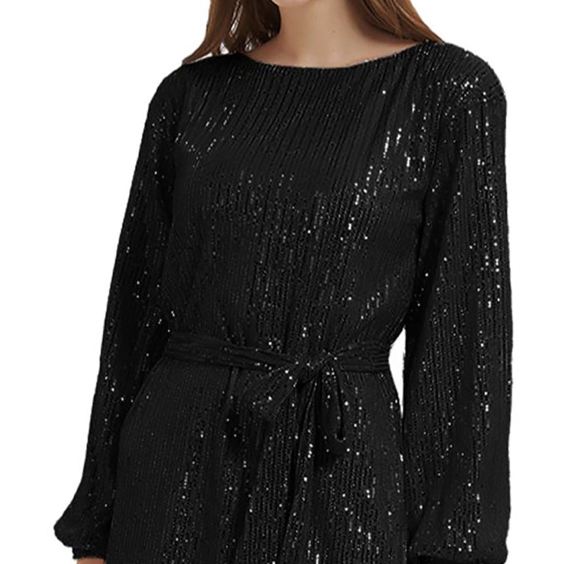 Anna-kaci Women's Sparkly Sequins Party Dress Long Sleeve Crew Neck Elegant Loose Fashion Dresses In Black