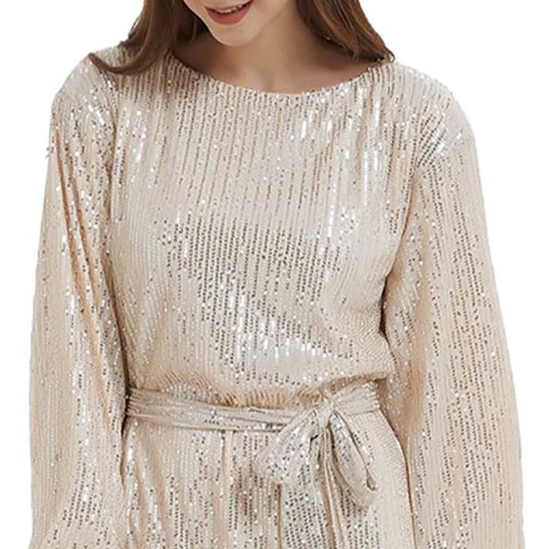 Anna-kaci Women's Sparkly Sequins Party Dress Long Sleeve Crew Neck Elegant Loose Fashion Dresses In Brown