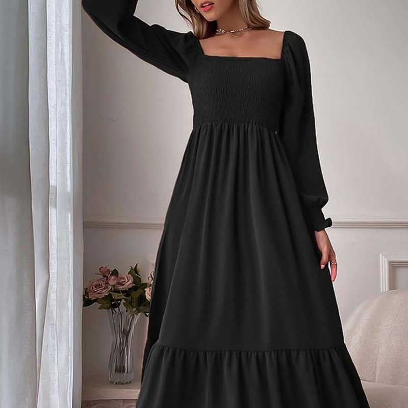 Anna-kaci Women's Square Neck Shirred Ruffle Hem Long Sleeve Maxi Dress In Black