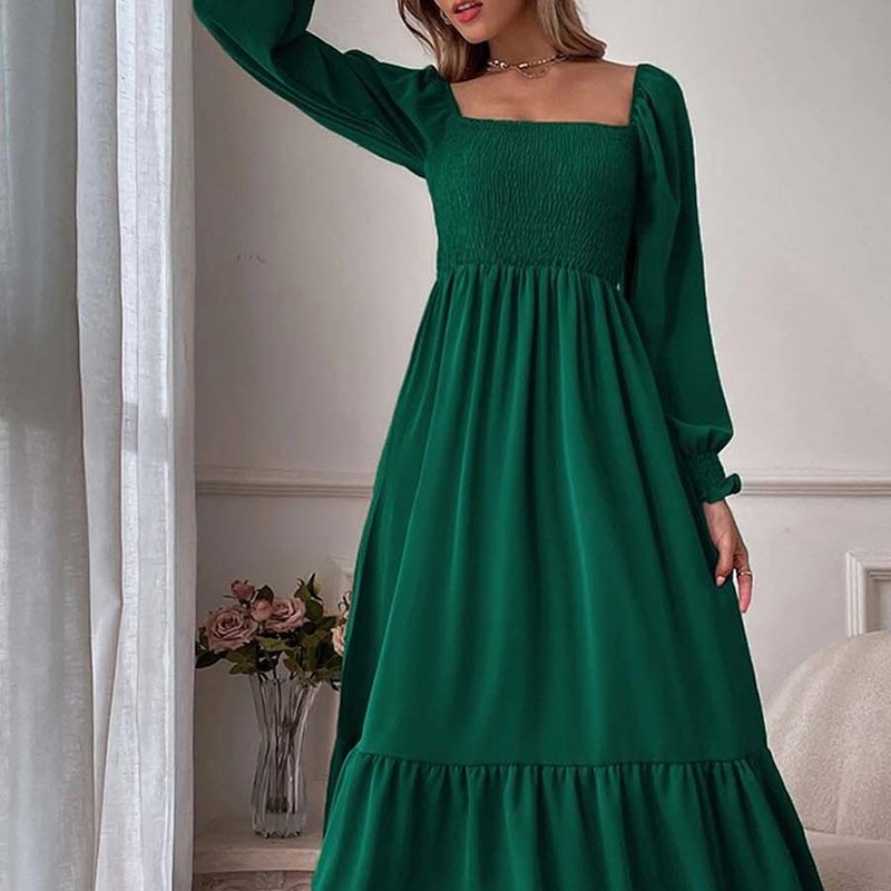 Anna-kaci Women's Square Neck Shirred Ruffle Hem Long Sleeve Maxi Dress In Green