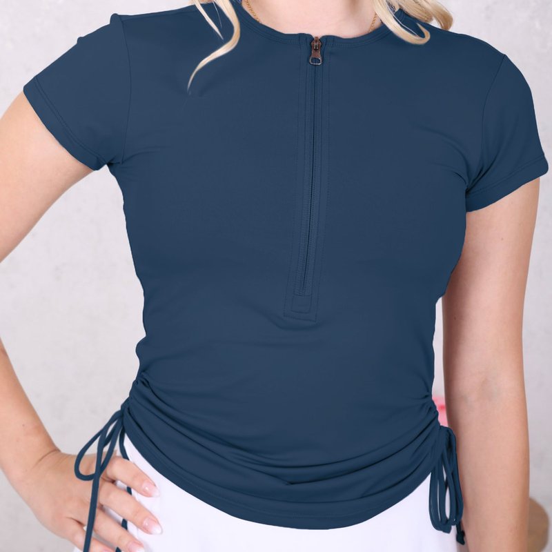 Anna-kaci Zip-up Side Ruched Tee In Blue