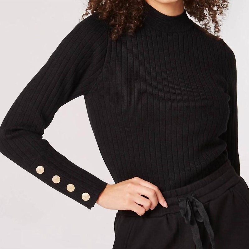 Shop Apricot Ribbed Mock Neck Gold Button Sweater In Black