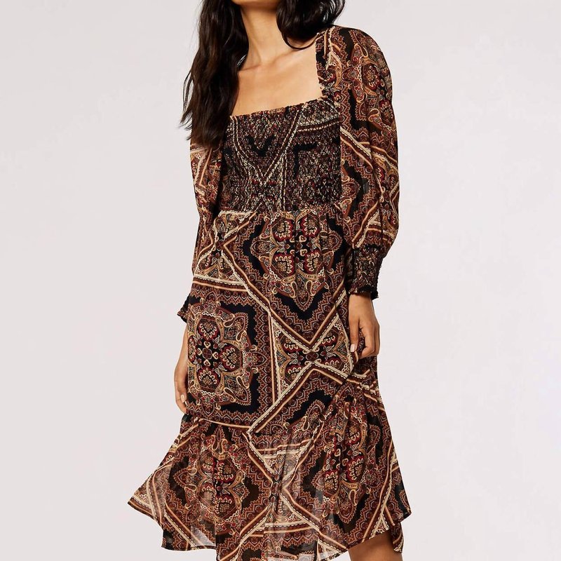 Shop Apricot Scarf-print Smocked Midi Dress In Brown