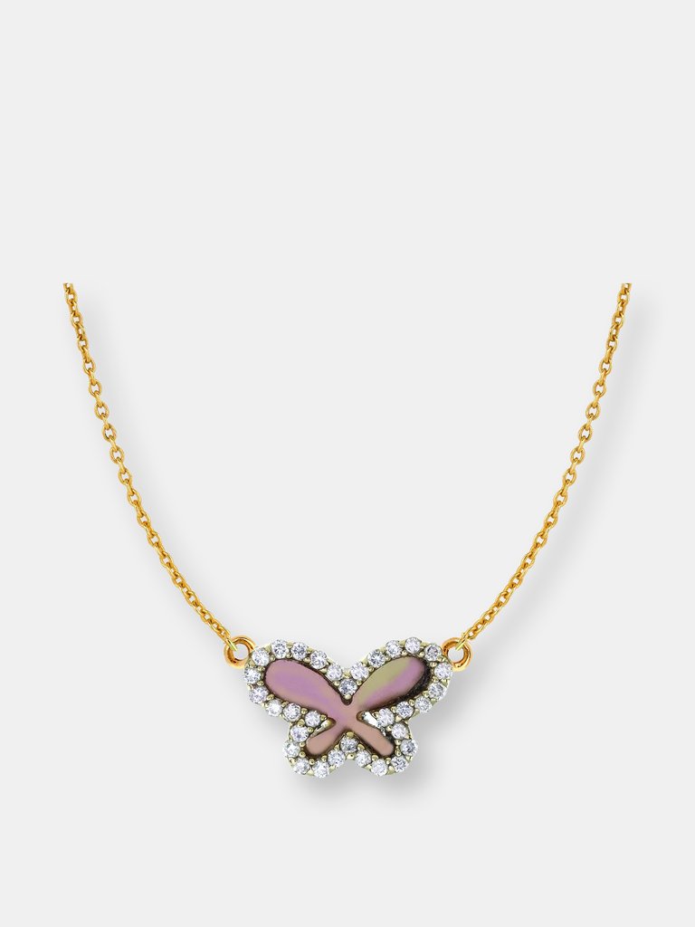 Grey Mother of Pearl Diamond Butterfly Necklace - Yellow Gold