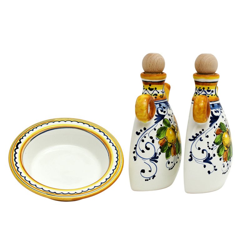 Shop Artistica - Deruta Of Italy Limoncini: 'the Better Half' Oil And Vinegar Set With Tray/saucer In Yellow