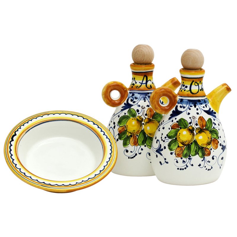 Shop Artistica - Deruta Of Italy Limoncini: 'the Better Half' Oil And Vinegar Set With Tray/saucer In Yellow
