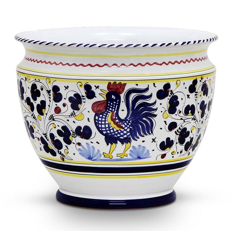 Artistica - Deruta Of Italy Orvieto Blue Rooster: Luxury Cachepot Planter Large