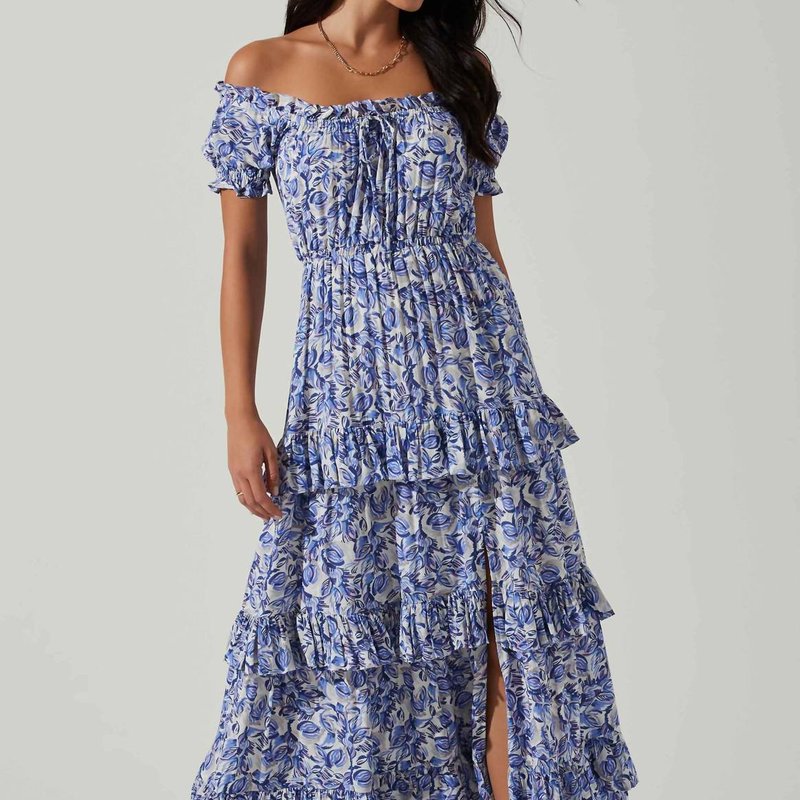 Shop Astr Viona Floral Off Shoulder Tiered Maxi Dress In Blue