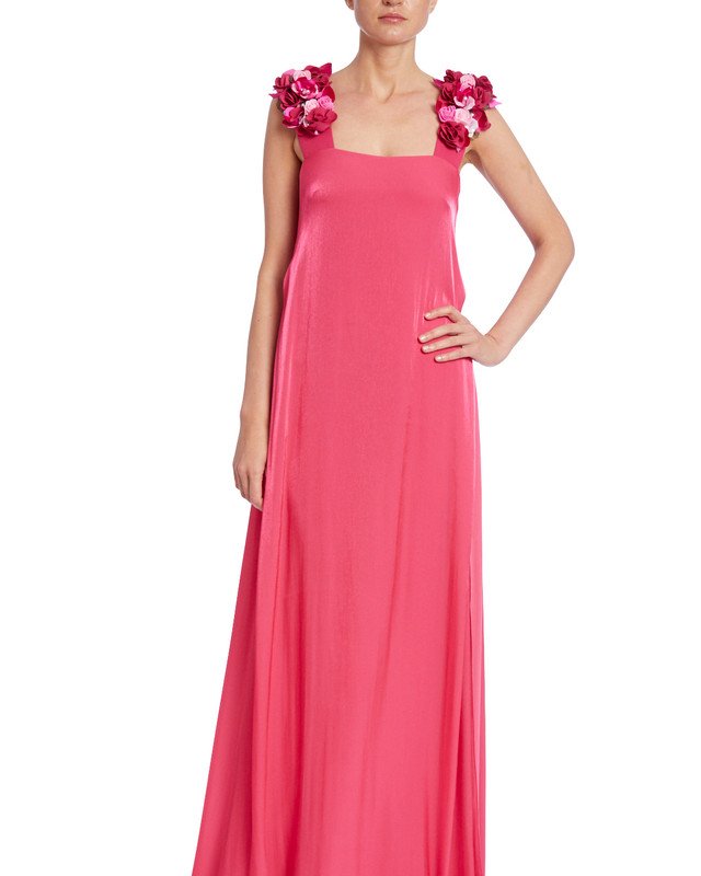 Badgley Mischka Beaded Flower Strap Maxi Gown In Pink
