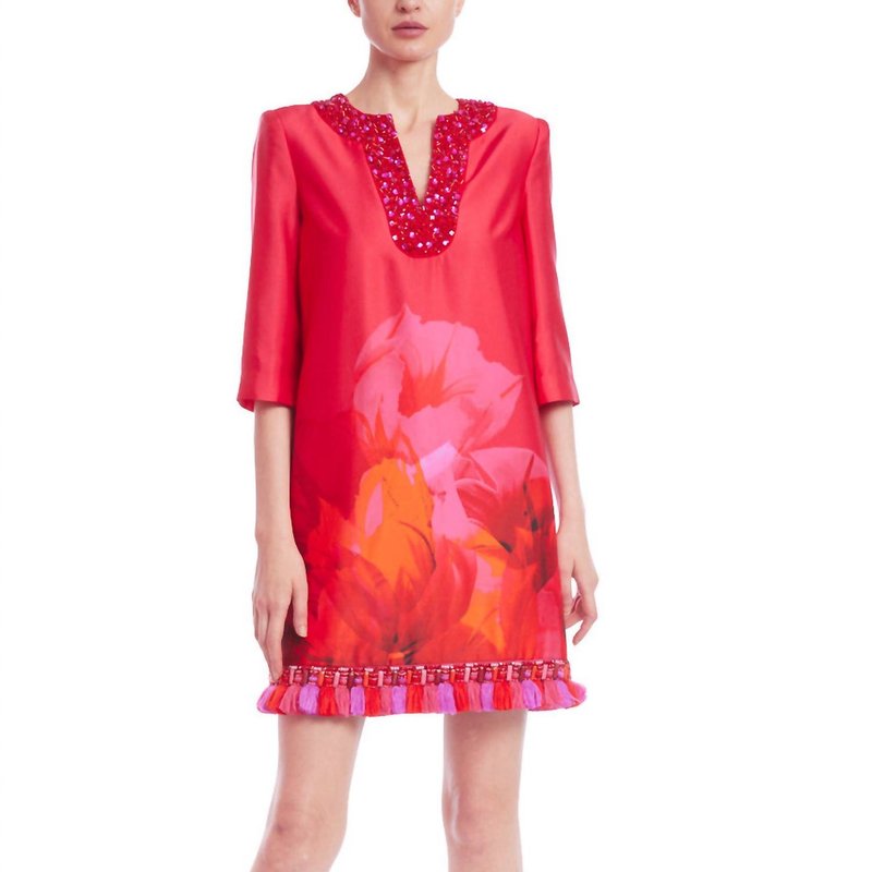 Shop Badgley Mischka Beaded V-neck Floral Tunic In Fuchsia Multi In Red