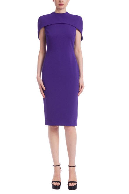 Shop Badgley Mischka Cape-shouldered Sheath Dress In Purple