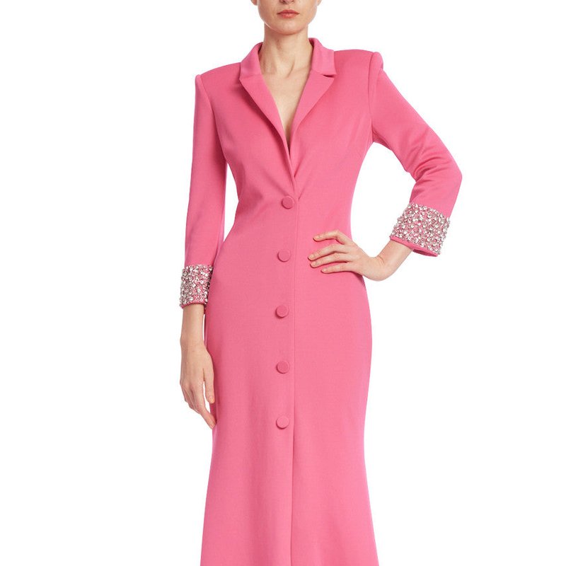Badgley Mischka Fitted Coat Dress Gown With Embellished Cuffs In Pink
