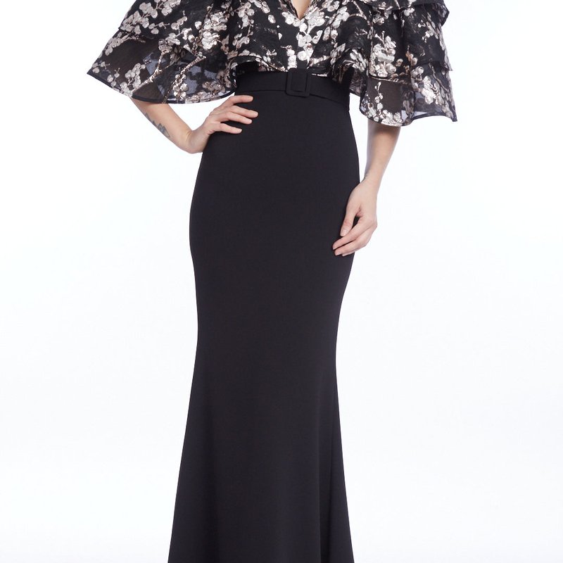 BADGLEY MISCHKA FITTED CREPE GOWN WITH TIERED JACQUARD FLORAL SLEEVES