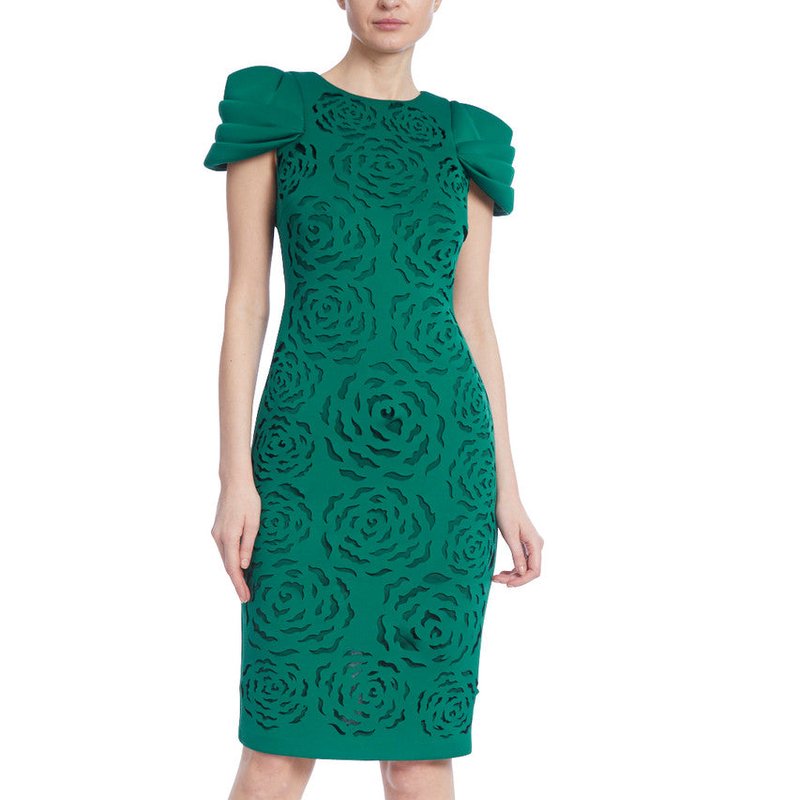 BADGLEY MISCHKA FLORAL LASER-CUT SHEATH WITH PLEATED CAP SLEEVES