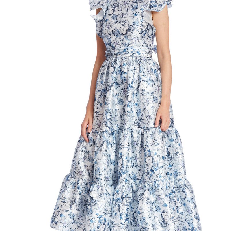 BADGLEY MISCHKA FLORAL PRINT RUFFLED SHOULDER DRESS WITH TIERED SKIRT
