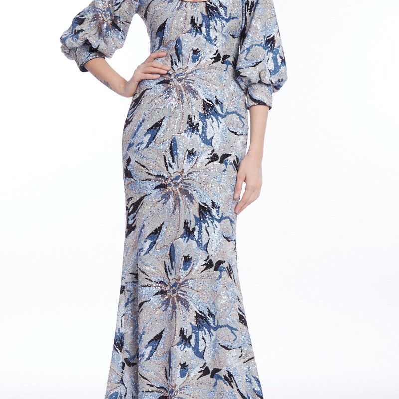 Badgley Mischka Blouson-sleeve Floral Sequin Gown In Blue