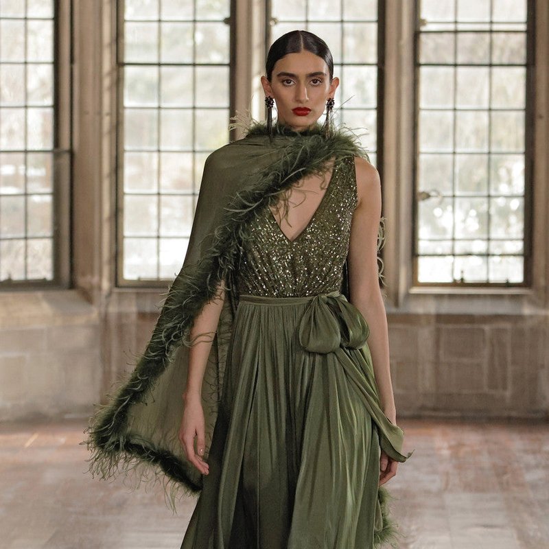 Badgley Mischka Gown With Feather Wrap In Green