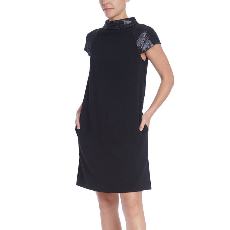 BADGLEY MISCHKA MOCK NECK SHIFT DRESS WITH LAME TOUCHES