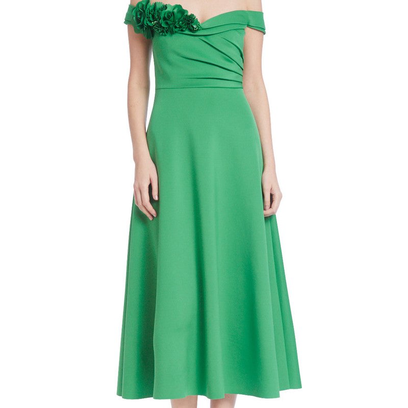 BADGLEY MISCHKA OFF-THE-SHOULDER COCKTAIL WITH 3-D FLOWERS DRESS