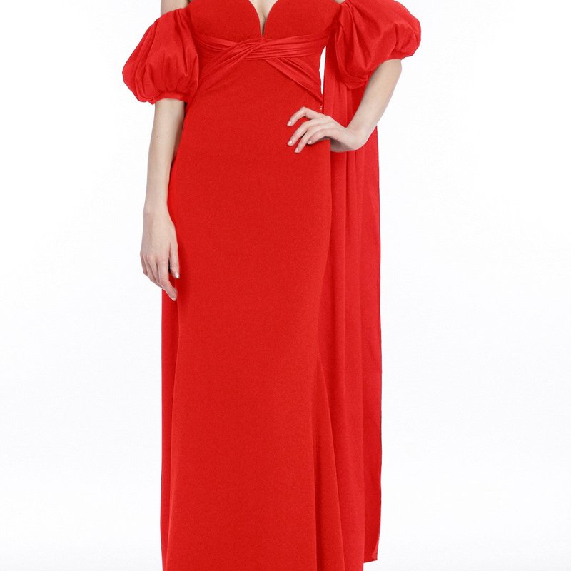 BADGLEY MISCHKA OFF-THE-SHOULDER GOWN WITH PUFF SLEEVE TRAIN