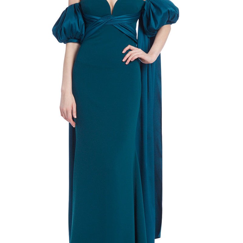 Badgley Mischka Off-the-shoulder Gown With Puff Sleeve Train In Blue
