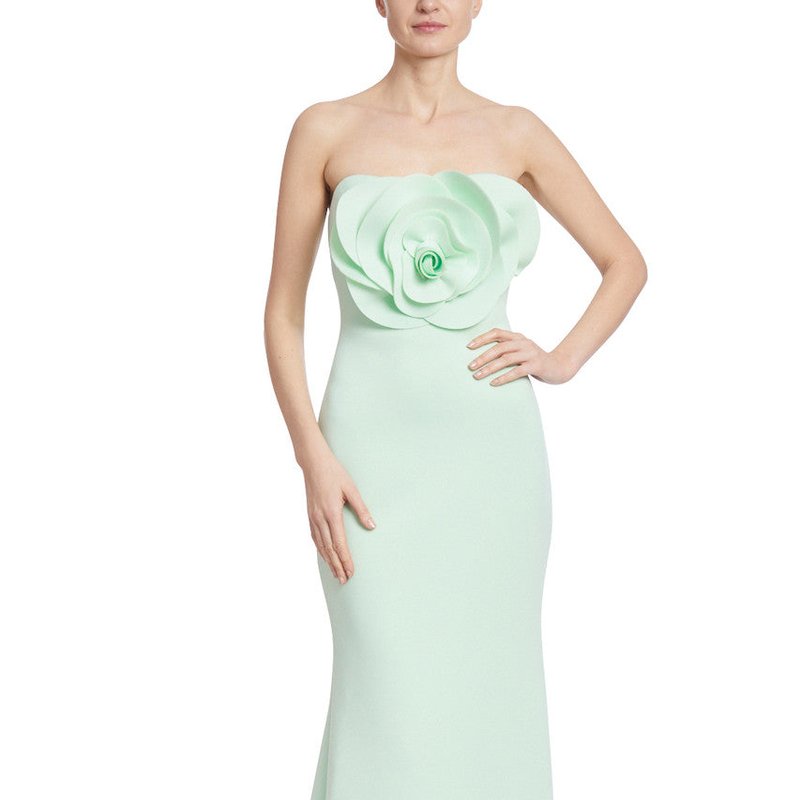 Badgley Mischka Strapless 3d Flower Mermaid Gown In Green