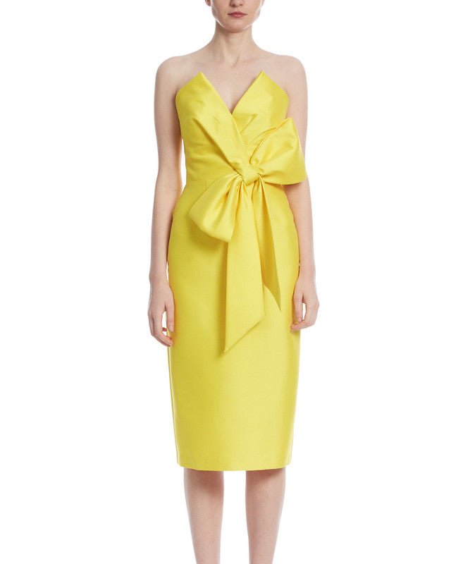 Badgley Mischka Strapless Front Bow Cocktail Dress In Yellow