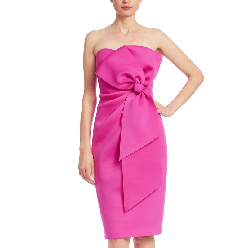 Badgley Mischka Strapless Front Bow Sheath Cocktail Dress In Pink