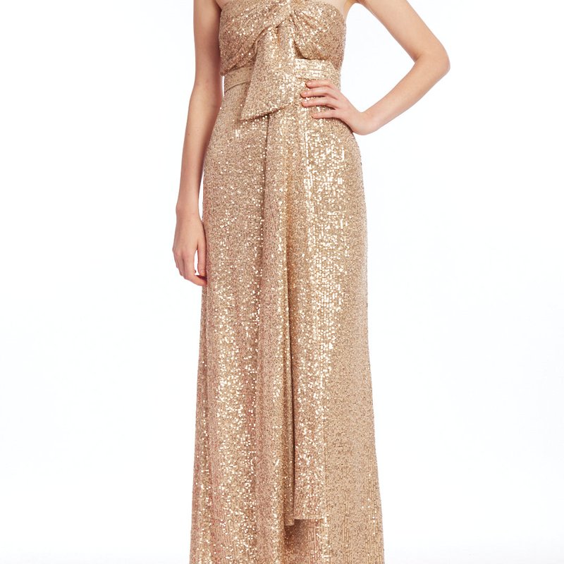 BADGLEY MISCHKA STRAPLESS SEQUINED GOWN WITH BOW