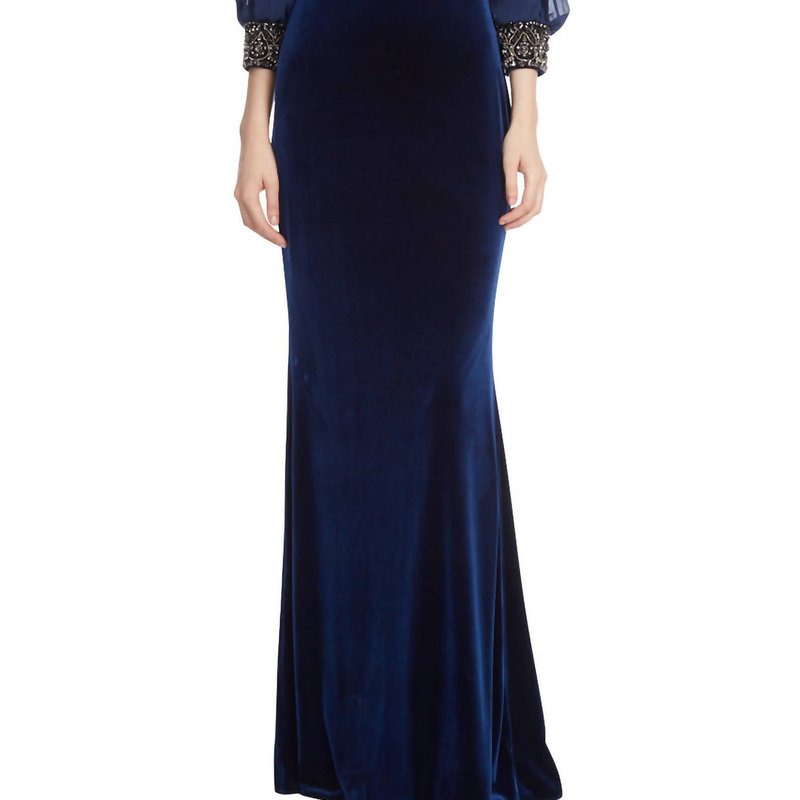 Badgley Mischka Velvet Embellished Cuff Gown In Midnight In Blue
