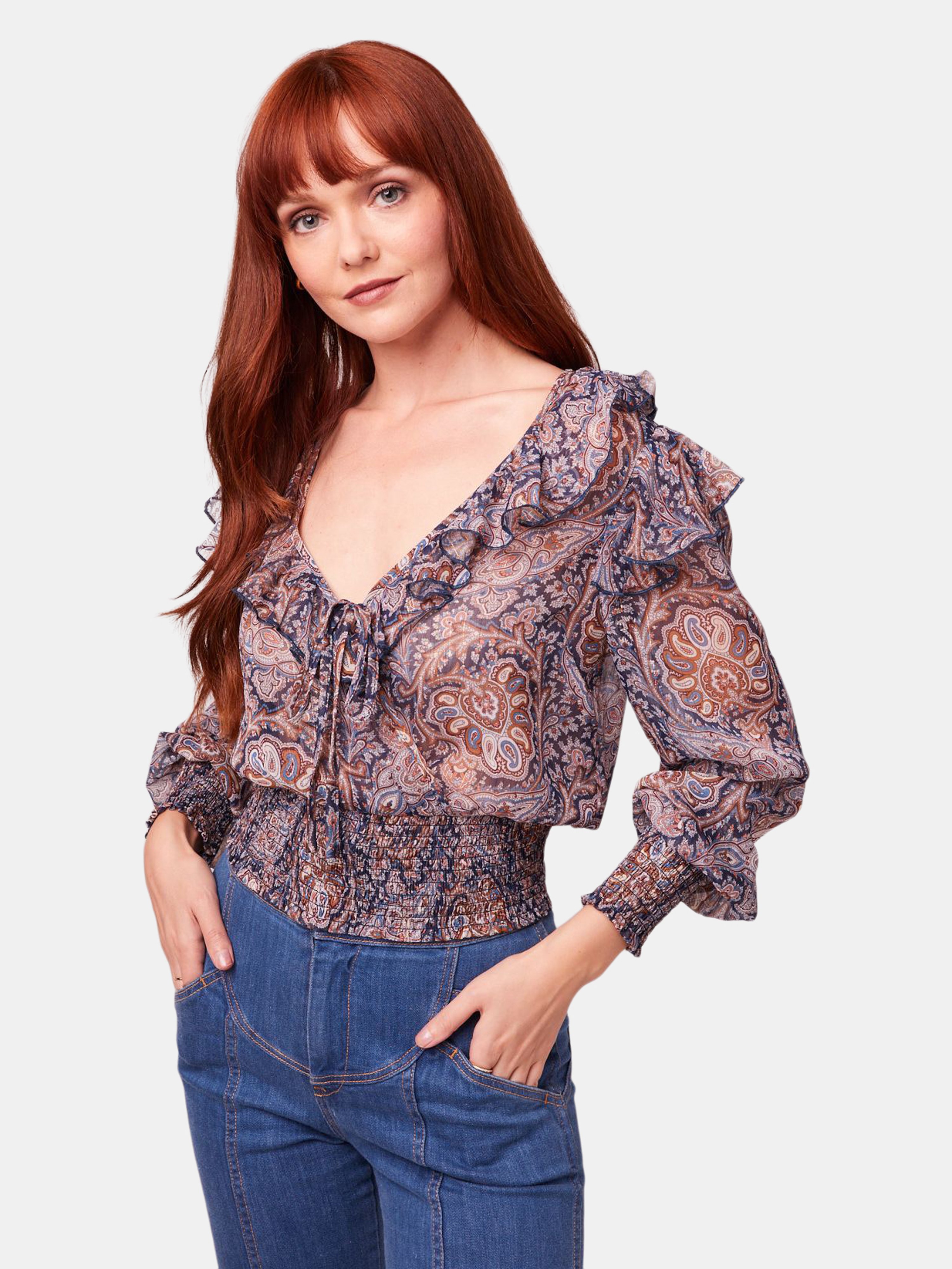 Band Of Gypsies B.o.g. Collective Diana Paisley Smocked Ruffle Blouse In Blue