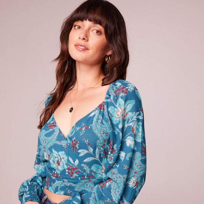 B.o.g. Collective Sybille Teal Floral Crossover Crop Top In Blue
