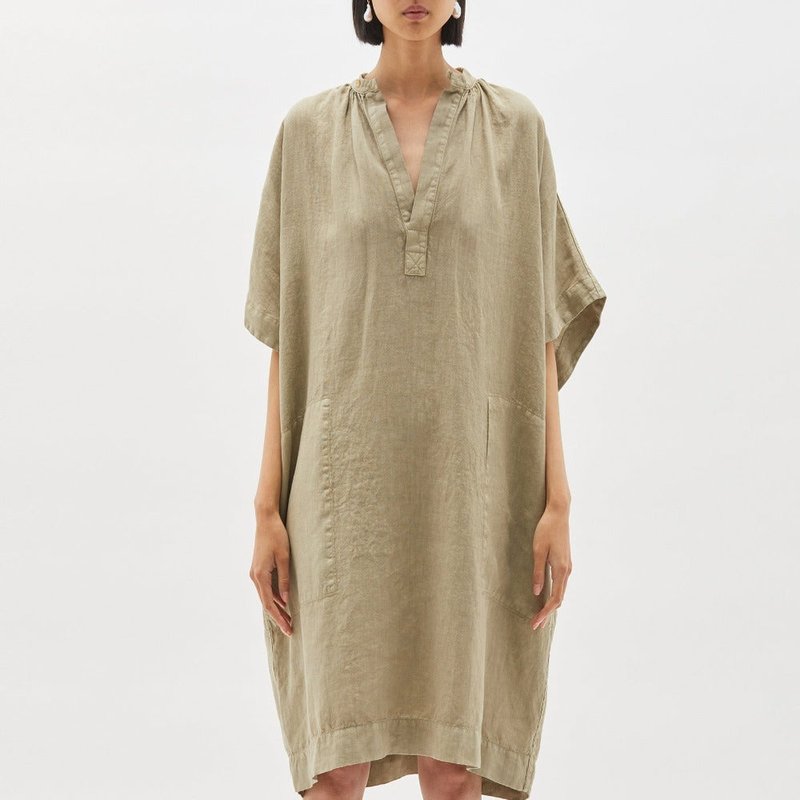 Shop Bassike Washed Linen Gathered Tank Dress In Green