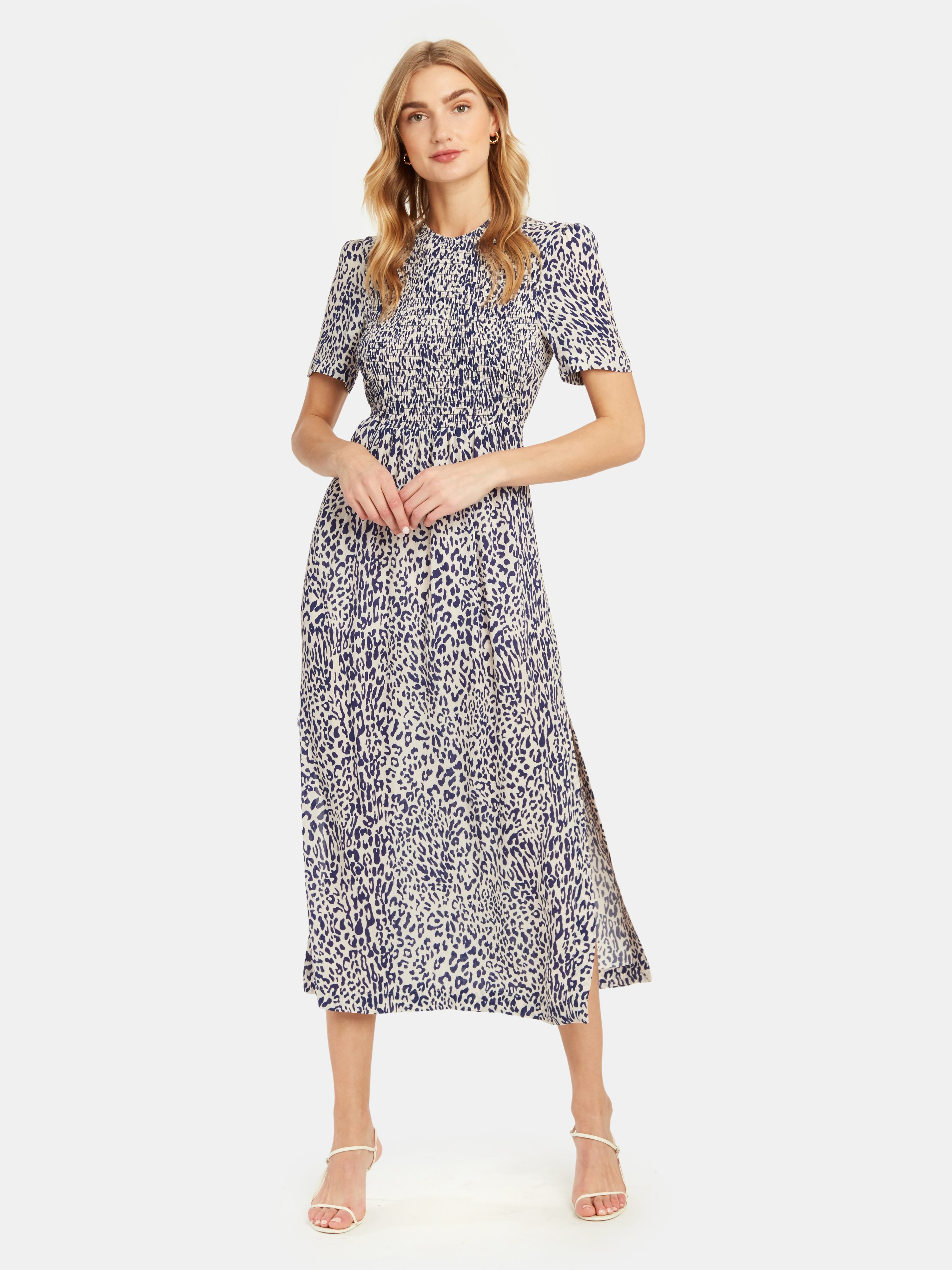 Baum Und Pferdgarten Adamaris Smocked Maxi Dress In Blue Leopard Print