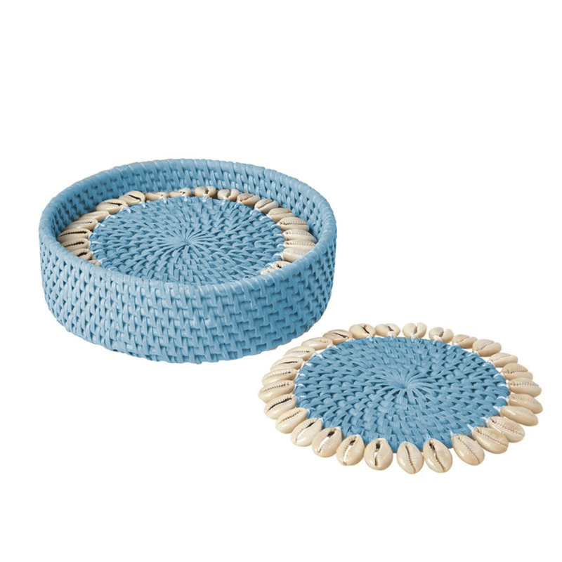 Beach Haus Sky Blue Rattan Coaster With Cowrie Shell