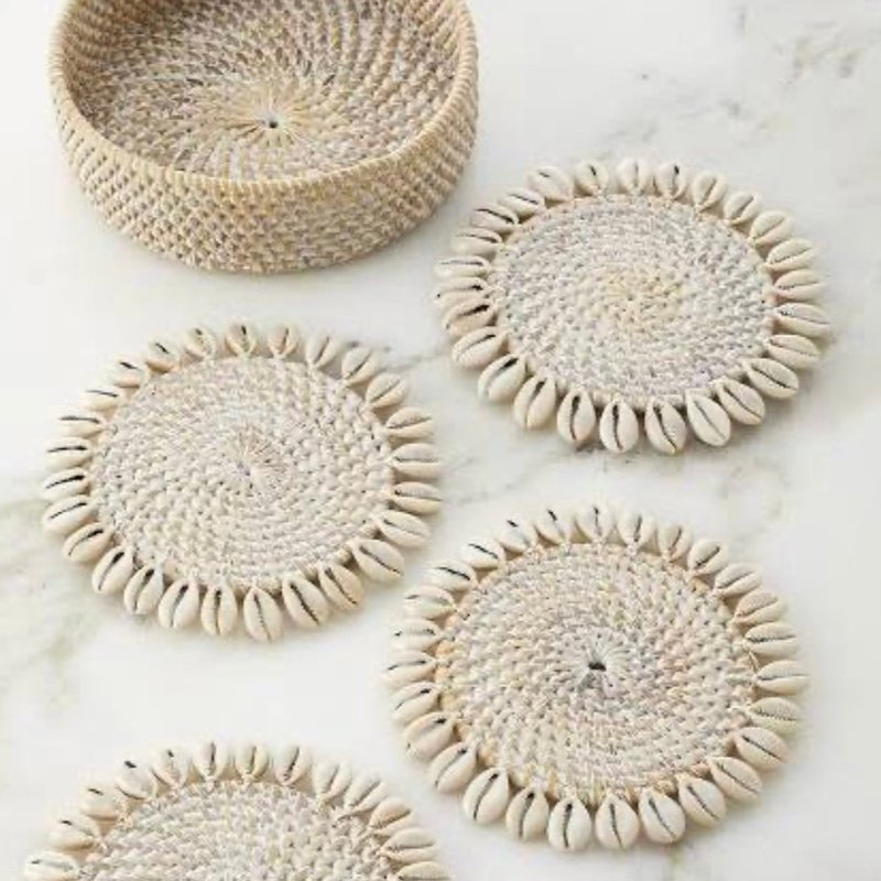 Beach Haus White Wash Rattan Coaster With Cowrie Shell In Brown