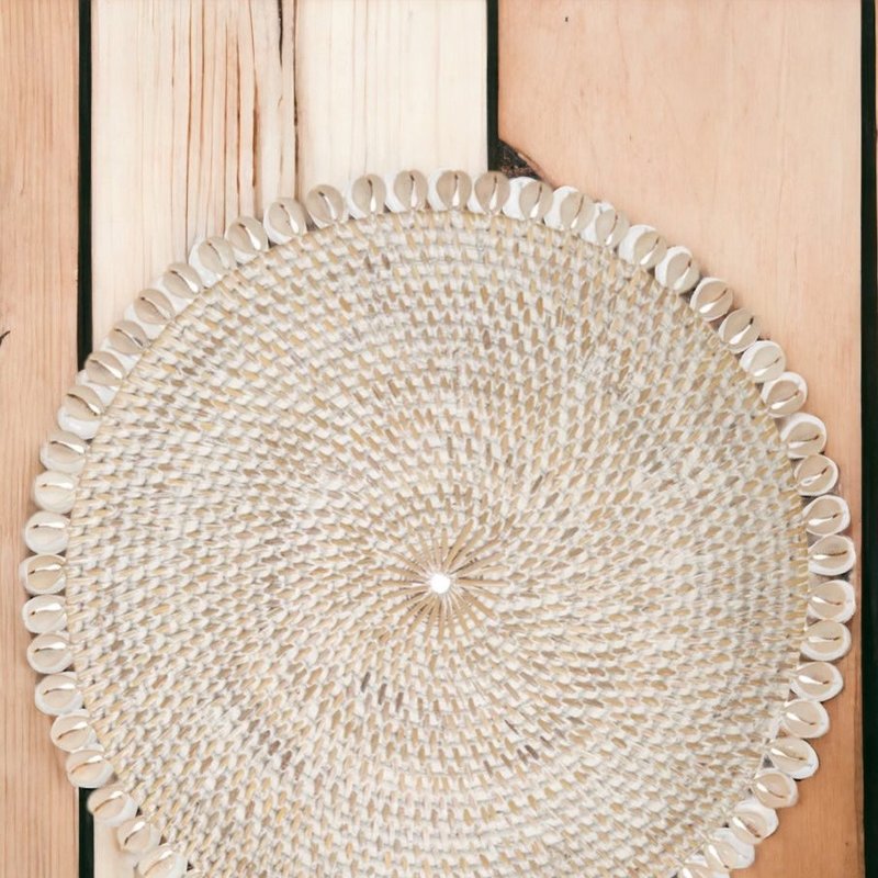 Beach Haus White Wash Rattan Placemat With Cowrie Shell