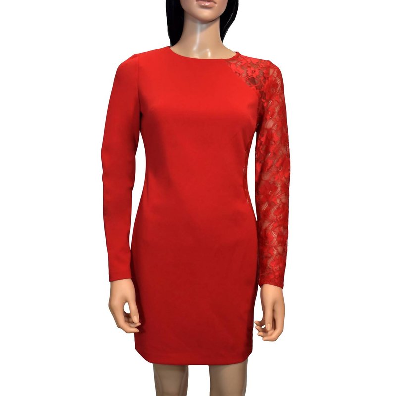 Shop Bebe Lace Long Sleeves Knee Length Detailed Sheath Dress In Red