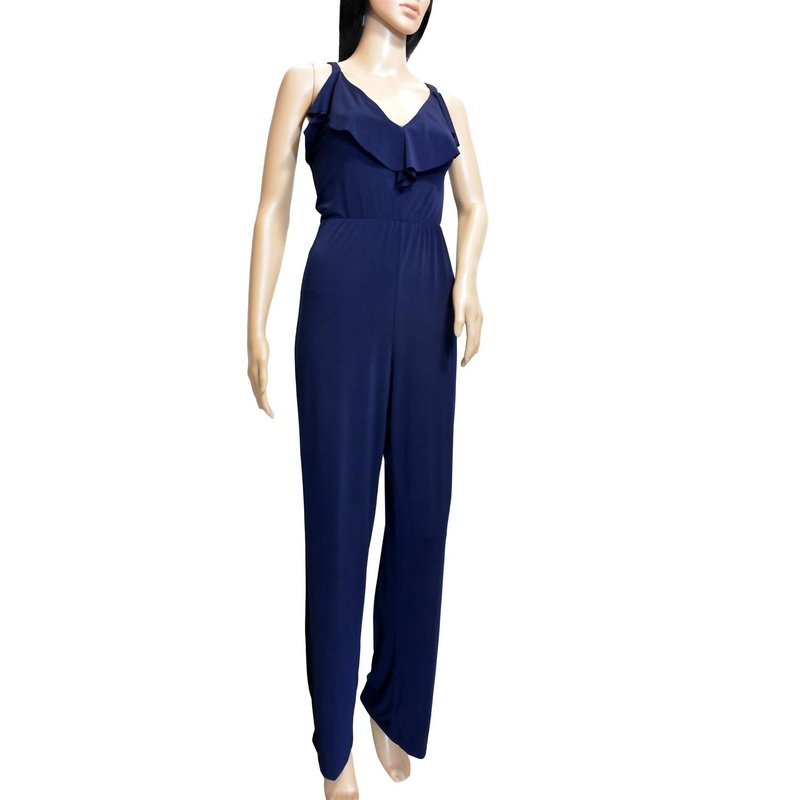 Shop Bebe Women Ruffle Trim V-neck Sleeveless Jumpsuit In Blue