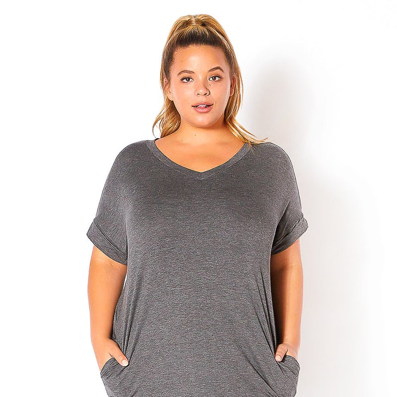 Bellatrix Plus Size V-neck T-shirt Dress With Pocket In Grey