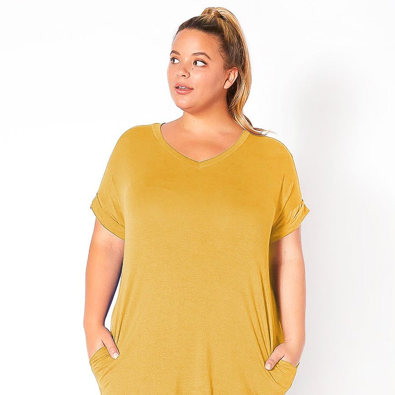 Bellatrix Plus Size V-neck T-shirt Dress With Pocket In Yellow