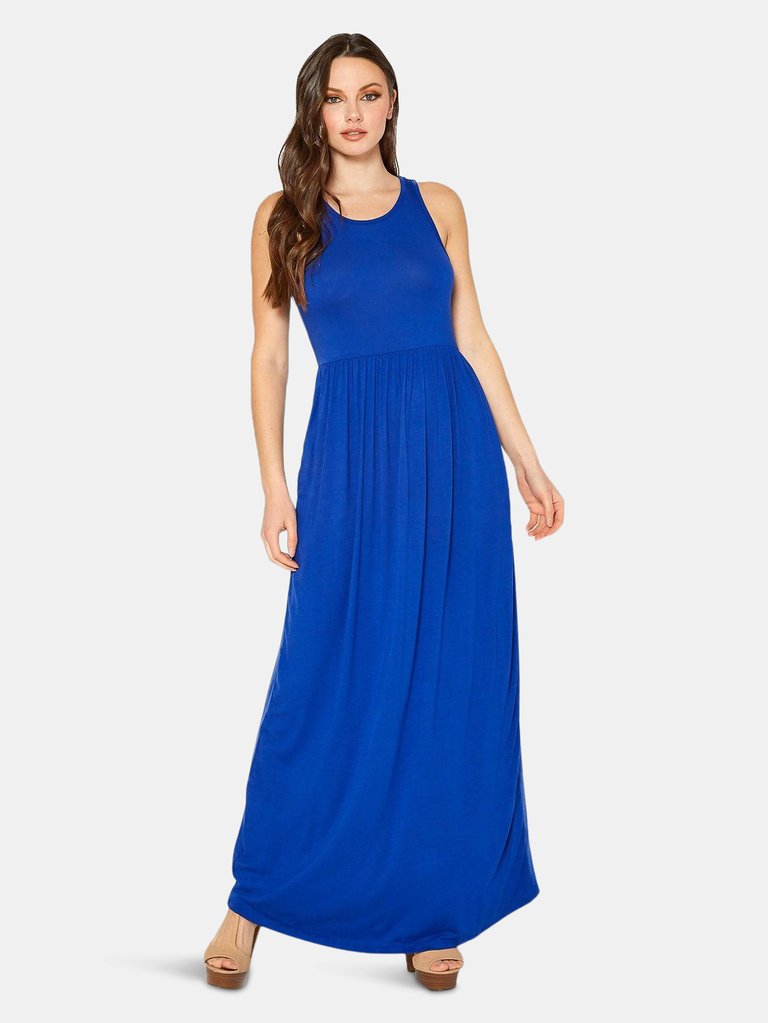 Womens Sleeveless Pleated Maxi Dress - Blue