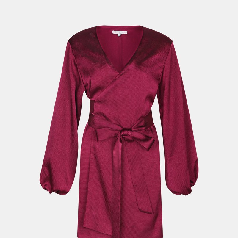 Bellevue The Label Aurora Long Sleeve Satin Wrap Dress- Rouge In Purple