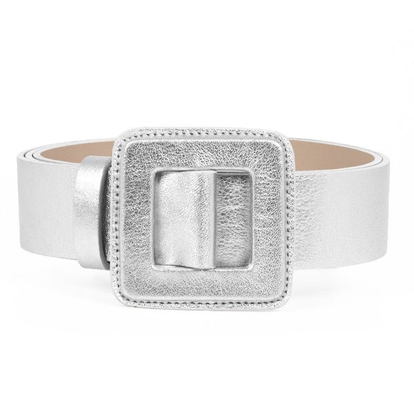Beltbe Mini Square Metallic Buckle Belt In White