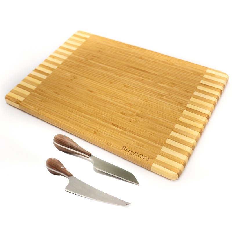 BERGHOFF BERGHOFF BAMBOO 3PC RECTANGLE TWO-TONED CUTTING BOARD AND AARON PROBYN CHEESE KNIVES