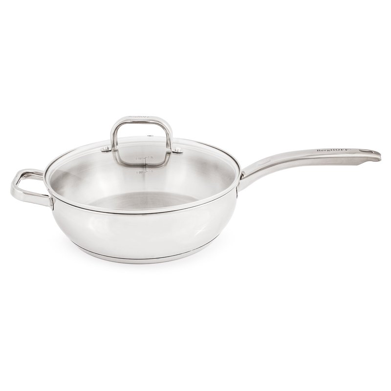 Berghoff Essentials Belly Shape 18/10 Stainless Steel 9.5" Deep Skillet With Glass Lid 3.2qt. In White