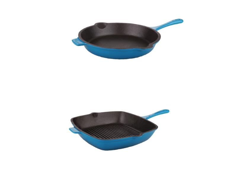 Berghoff Neo 2pc Cast Iron Set, 10" Fry Pan & 11" Grill Pan Set In Blue