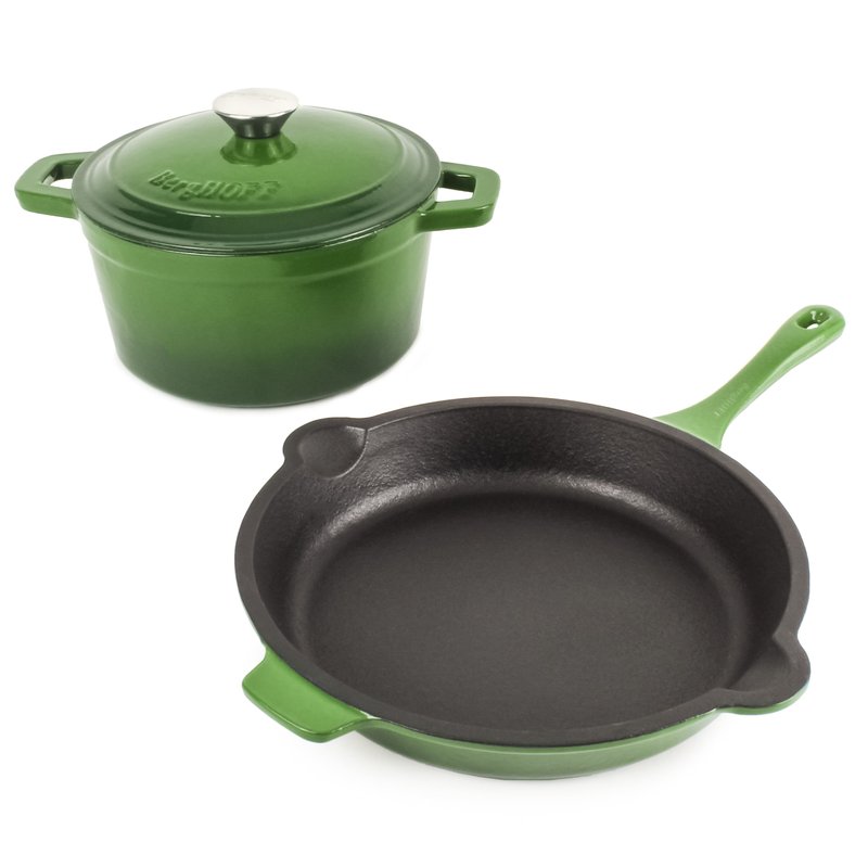 Berghoff Neo 3pc Cast Iron Cookware Set, 3qt Covered Dutch Oven & 10" Fry Pan In Green