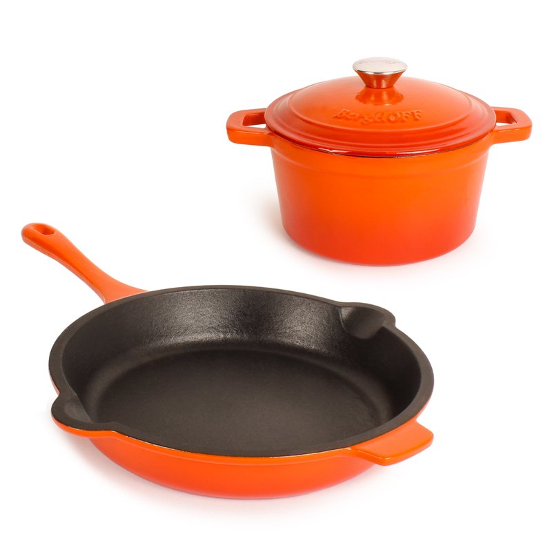 Berghoff Neo 3pc Cast Iron Set, 3qt Covered Dutch Oven & 10" Fry Pan In Orange